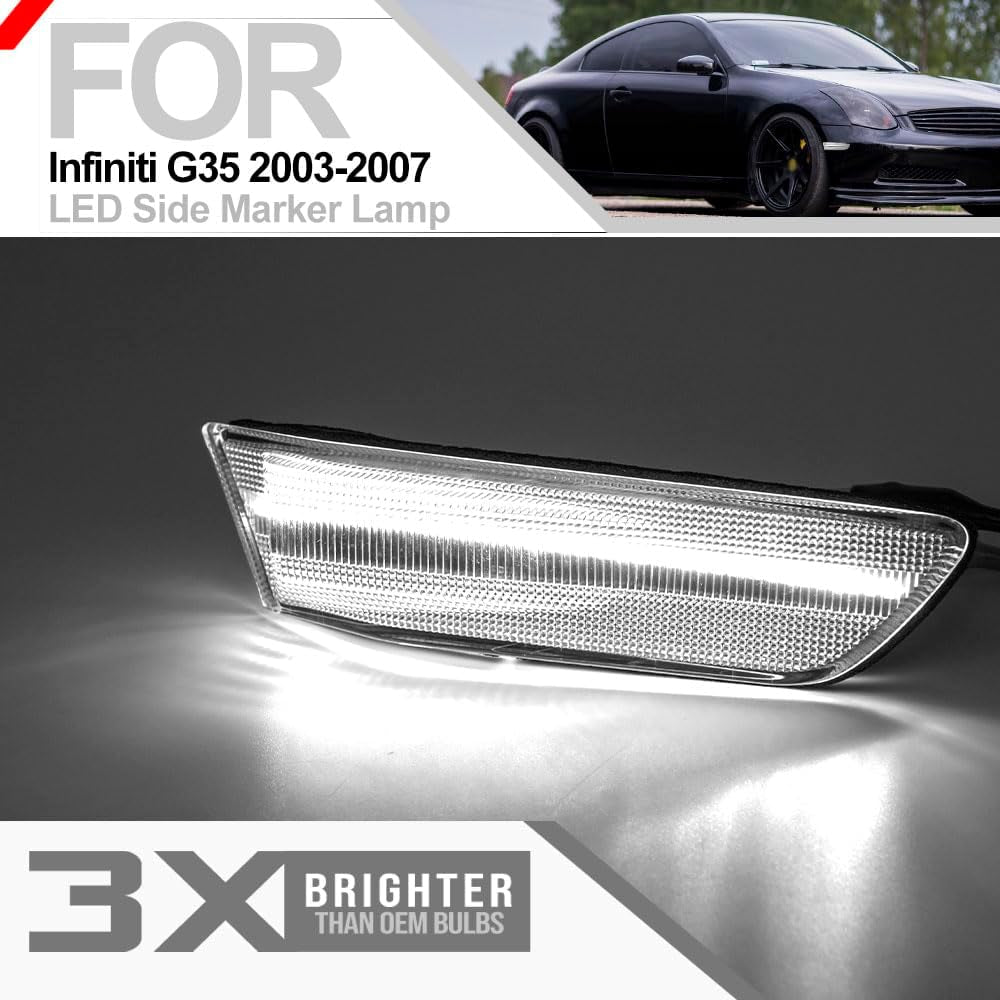 G35 LED Side Marker Light for 2003 2004 2005 2006 2007 Infiniti G35 Coupe Skyline V35 Clear Lens Xenon White LED Front Bumper Turn Signals Indicator Light Kit OEM 26180AM800 IN2551109