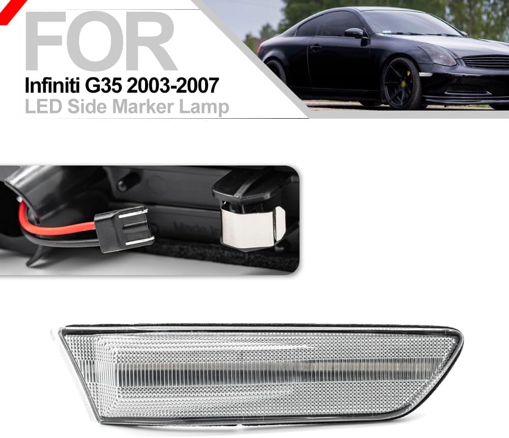 G35 LED Side Marker Light for 2003 2004 2005 2006 2007 Infiniti G35 Coupe Skyline V35 Clear Lens Xenon White LED Front Bumper Turn Signals Indicator Light Kit OEM 26180AM800 IN2551109