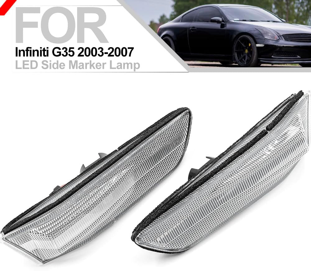 G35 LED Side Marker Light for 2003 2004 2005 2006 2007 Infiniti G35 Coupe Skyline V35 Clear Lens Xenon White LED Front Bumper Turn Signals Indicator Light Kit OEM 26180AM800 IN2551109