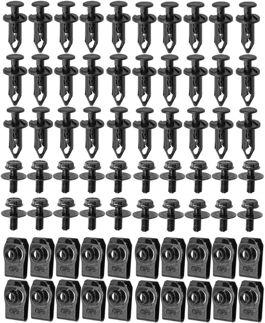 70 PCS Engine under Cover Splash Shield Body Bolts Screws, Universal Extruded U-Nuts Kit, Bumper Fender Liner Push Retainer Fastener Clips, Replacement for G35 G37 FX35 FX45 EX35